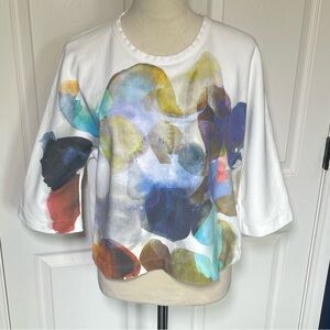 Poetry White Abstract Watercolor Print 1/2 Sleeve Cotton Pullover Top Size 8